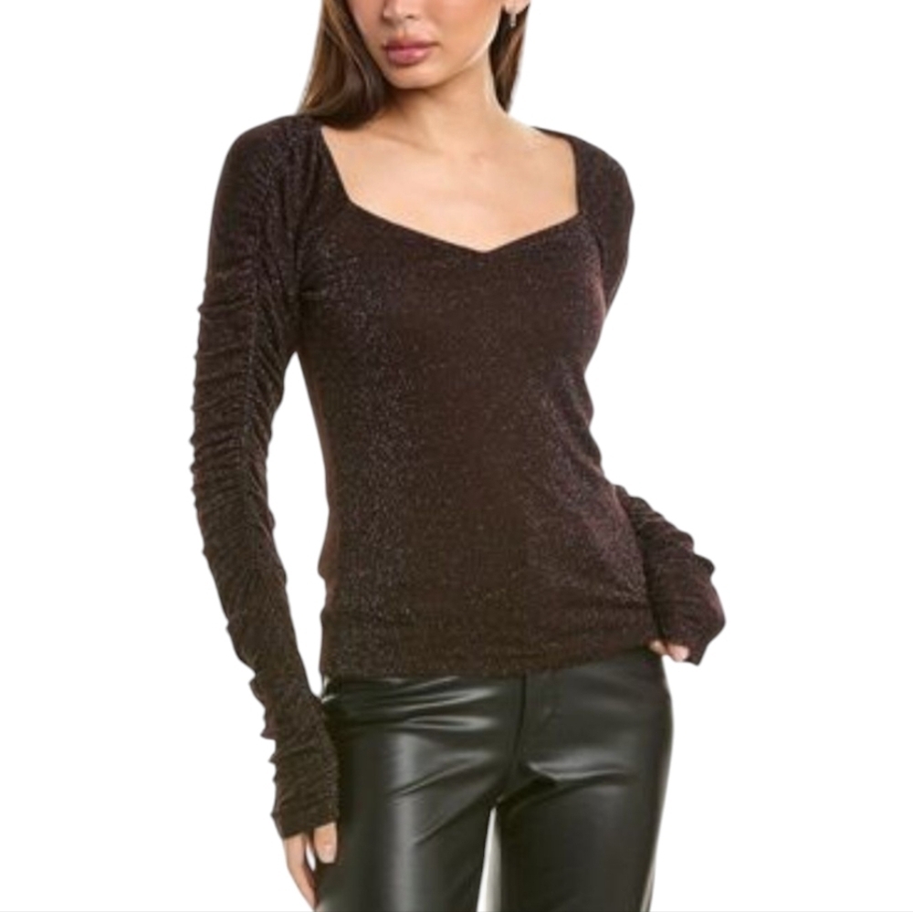 Project Social T Brown Silver Shimmer Sweetheart Top Ruched Sleeve Medium